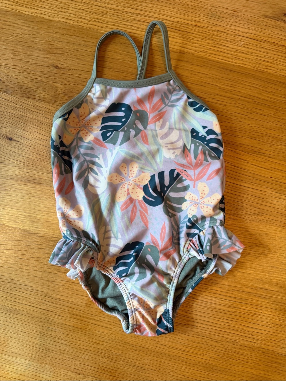 Little Co. Kids Tropical Leaf Print One-Piece Swimsuit - Sage Green & Pink